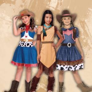 Image of girls in cowgirl and native American costumes