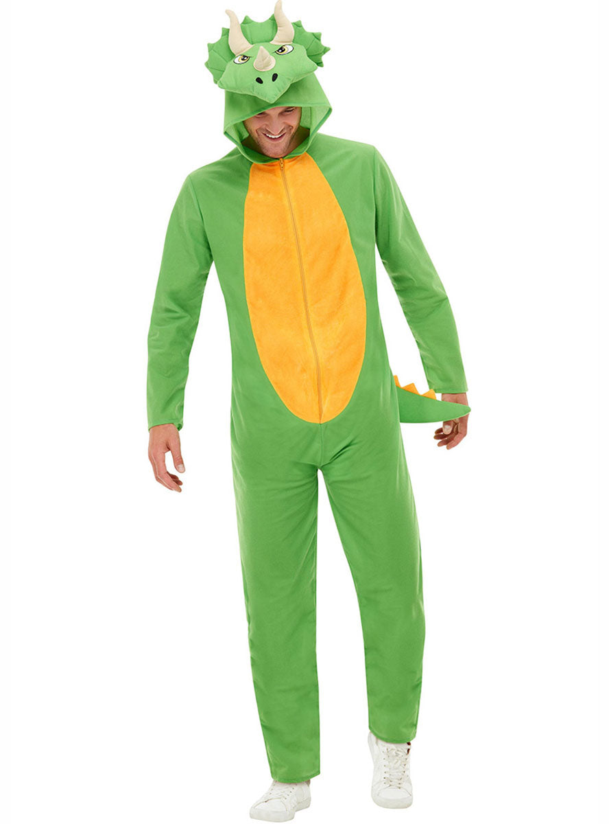 Image of Triceratops Green Dinosaur Mens Onesie Costume - Front View