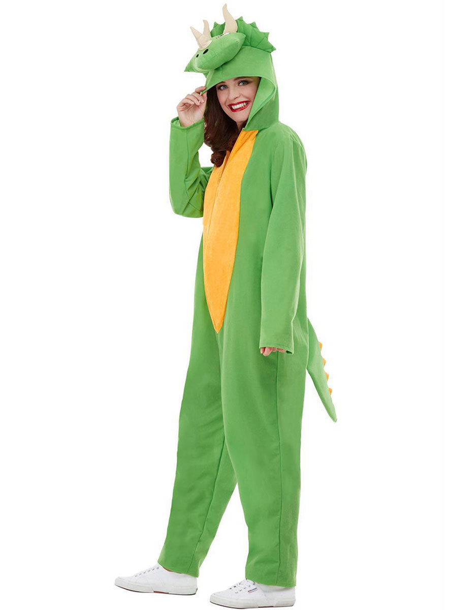 Image of Triceratops Green Dinosaur Womens Onesie Costume - Side View