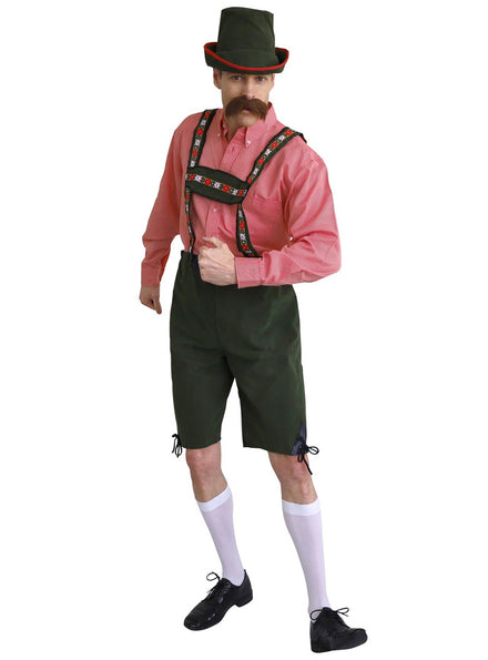 Mens Green and White Lederhosen Oktoberfest Costume - Main Image