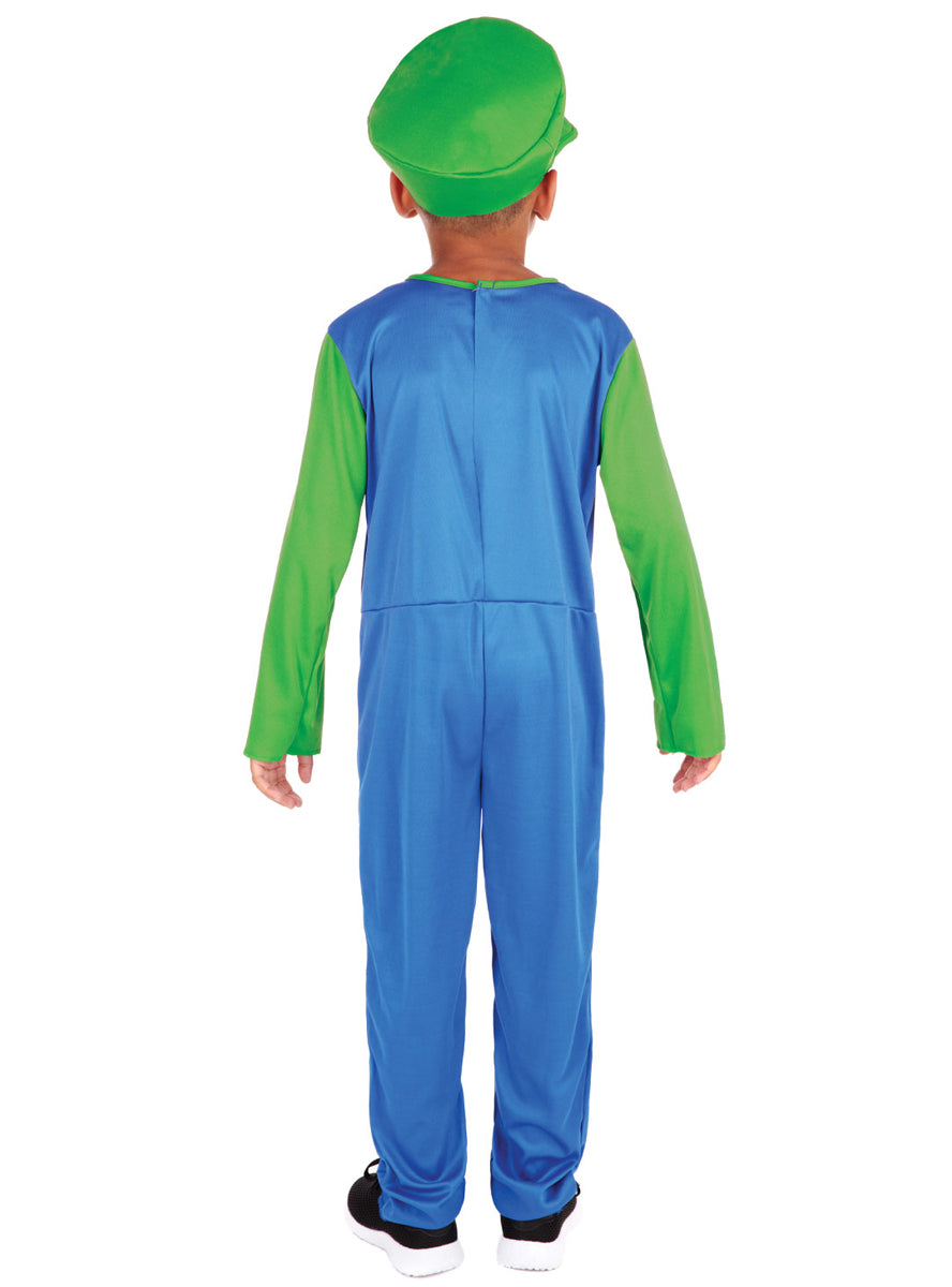 Green Plumber Boys Luigi Game Character Costume - Back Image