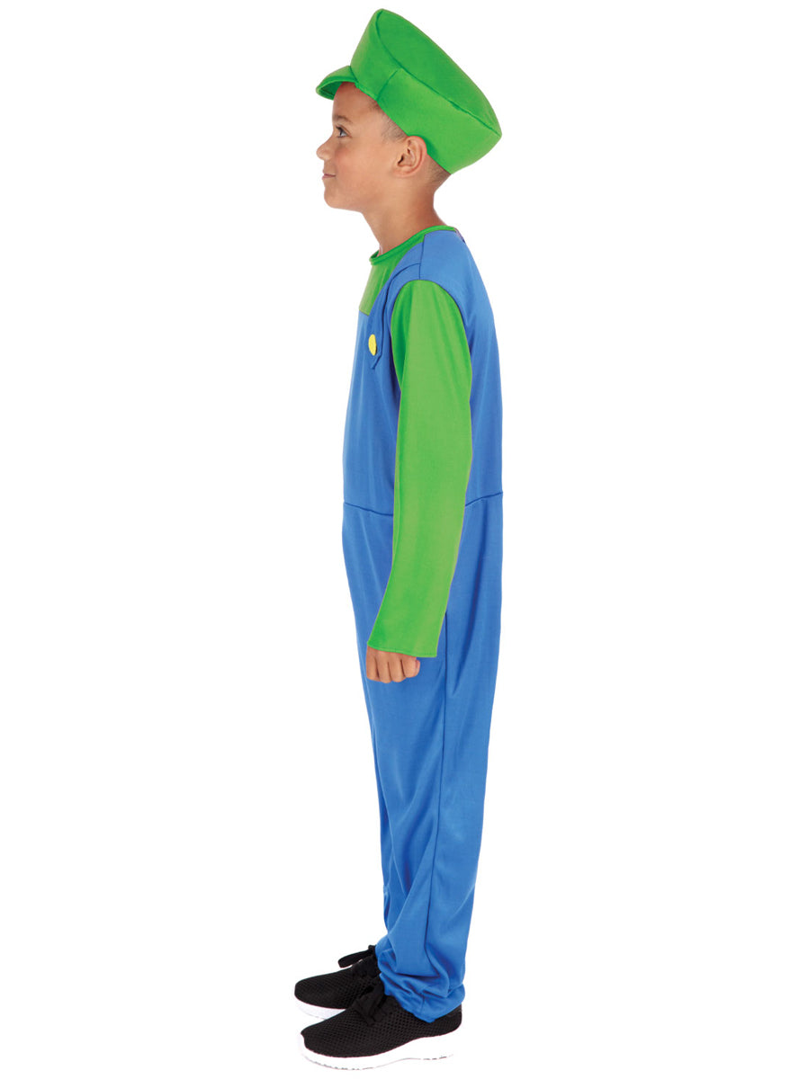 Green Plumber Boys Luigi Game Character Costume - Side Image