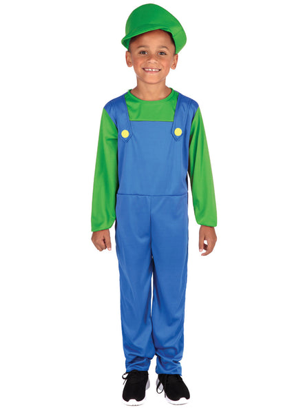 Green Plumber Boys Luigi Game Character Costume - Main Image