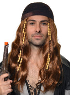 Main Image of Long Brown Mens Pirate Costume Wig with Bandana