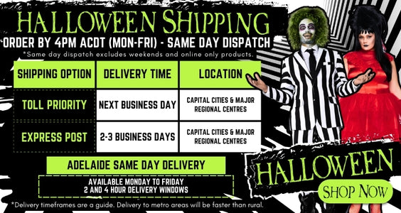 Halloween 2024 Home Page Mobile Banner with Halloween Shipping Options - Toll Priority Next Business Day and Express Post. Same Day Delivery for Adelaide Monday to Friday. Shop Now Halloween Button.