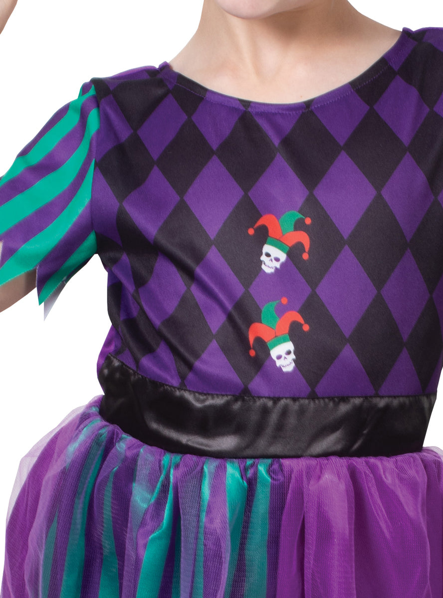 Purple And Green Jester Girls Harlequin Costume - Close Image