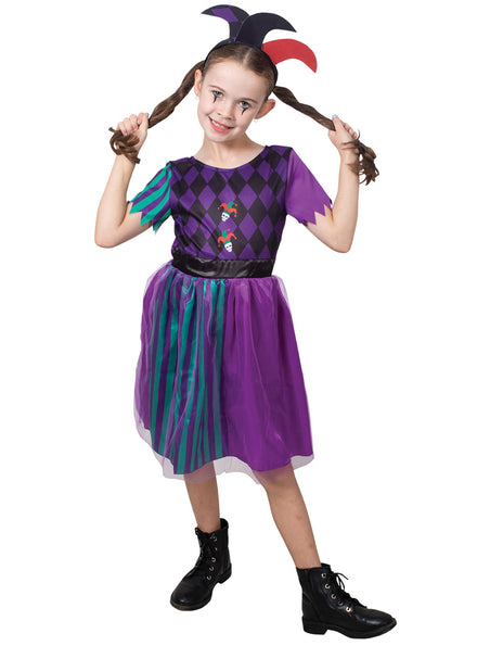 Purple And Green Jester Girls Harlequin Costume - Main Image