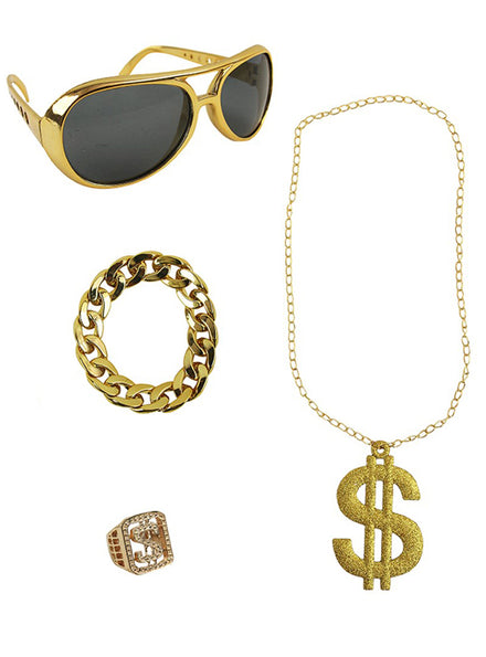 Main image of Bling Gold Hip Hop Glasses and Jewellery Costume Accessory Set