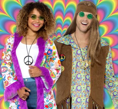 Image of a man and a woman in hippie costumes