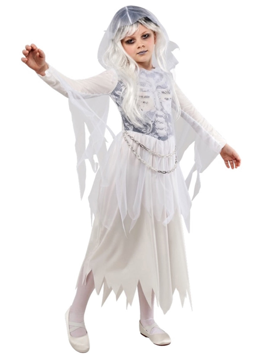 Hooded White Ghost Girls Halloween Costume  - Alternative Image