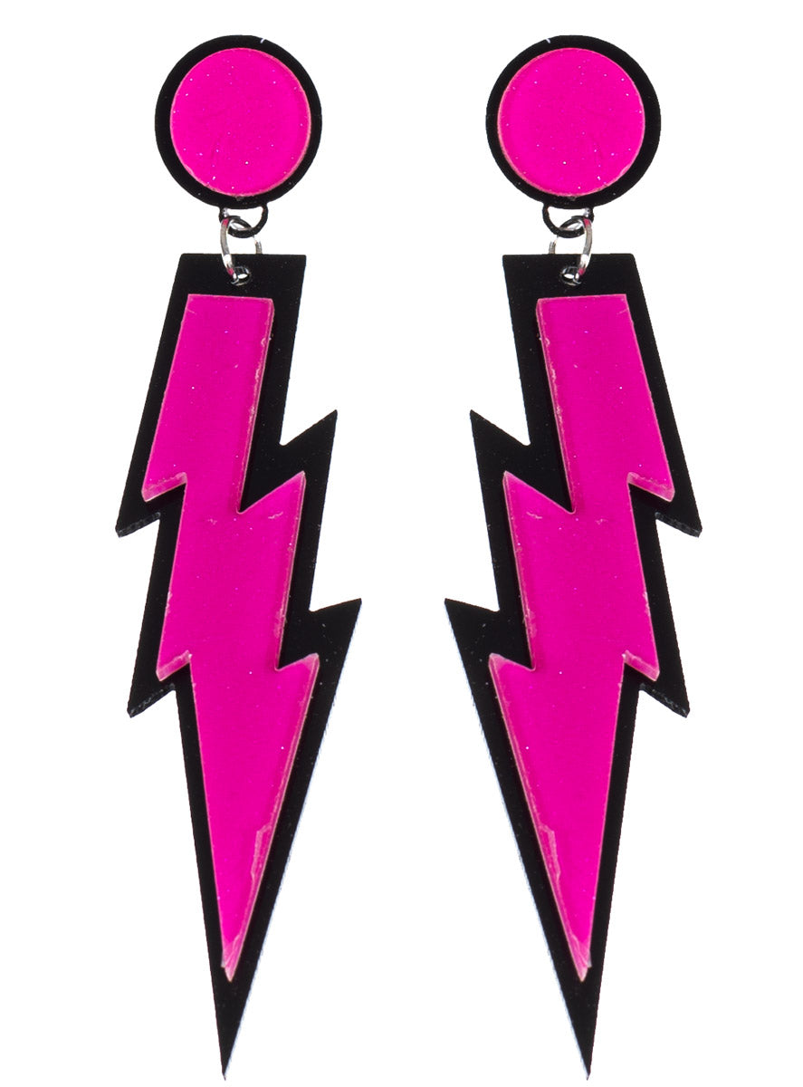 Main image of 1980s Neon Pink Lightning Bolt Costume Earrings