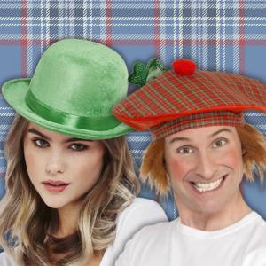 Image of a man and a women wearing international themed hats