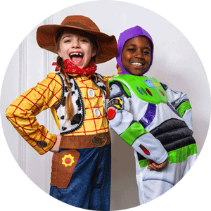 Image of two kids in Toy Story costumes