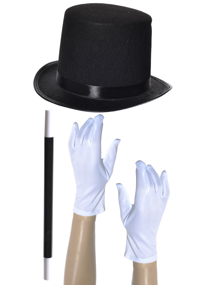 Image of Magician Kids Top Hat Wand And Gloves Accessory Set