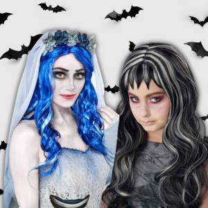 Image of a woman and a girl wearing Halloween wigs