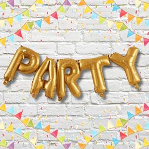 Image of gold letter balloons that spell 'party'