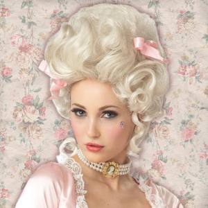 Image of a woman wearing a Marie Antoinette costume wig