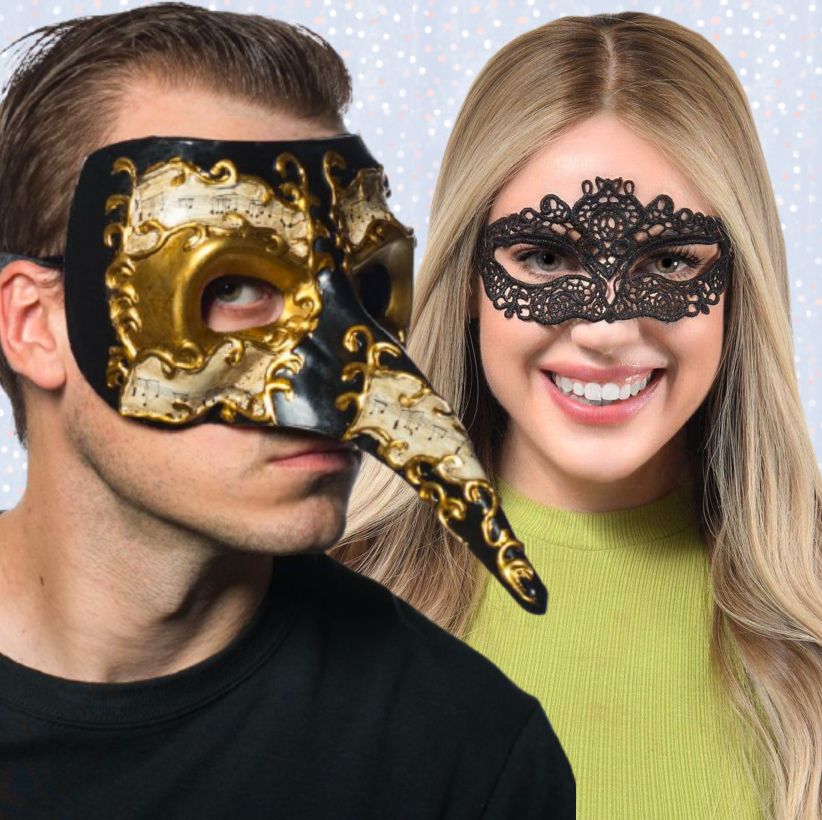 Image of a man and a woman wearing masquerade masks