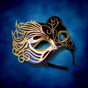 Image of a black and gold masquerade mask on a headband