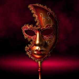 Image of a red and gold hand-held masquerade mask