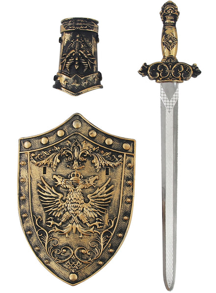 Image of Medieval Knight Kids Gold Sword And Shield Costume Weapon Set