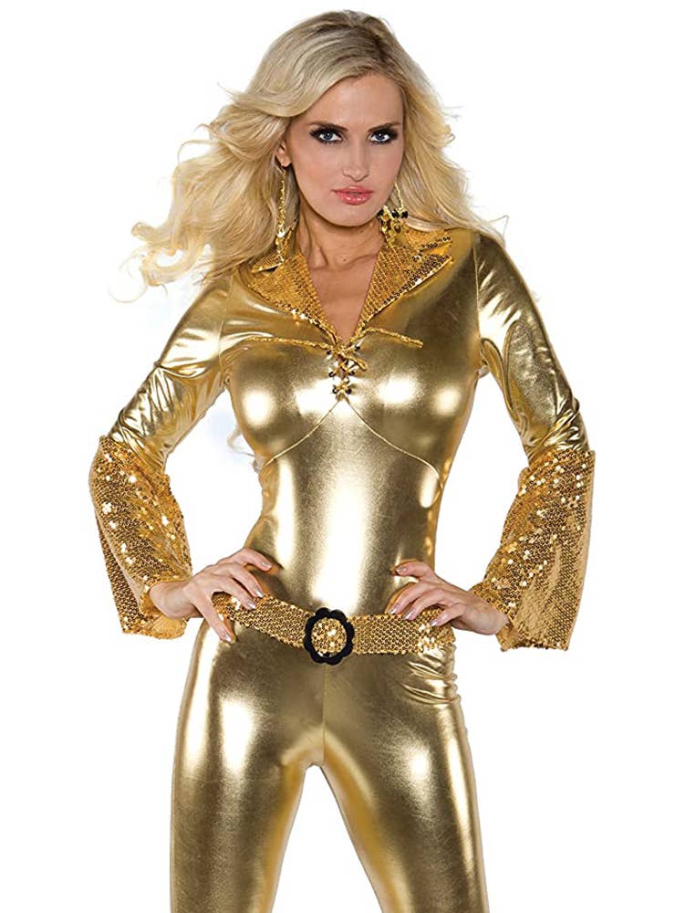 70's Women's Metallic Gold Disco Jumpsuit Costume With Sequins -Close Up View