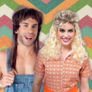 Image of a man and a women wearing mullet wigs