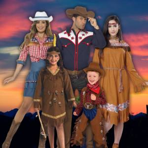 Image of people in native American and cowboy costumes