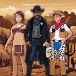 Image of boys in native American and cowboy costumes