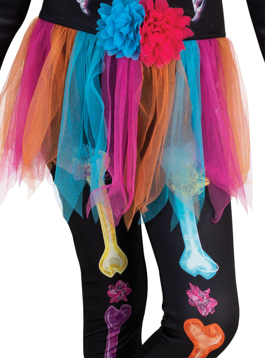 Rainbow Neon Skeleton Girls Halloween Costume - Close Image 2