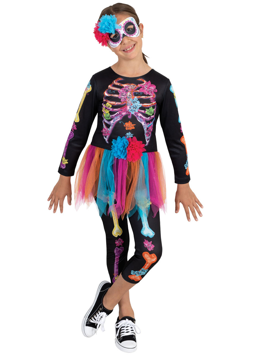 Rainbow Neon Skeleton Girls Halloween Costume - Main Image