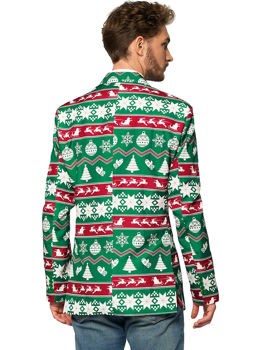 Back Image of Nordic Print Mens Green Christmas Costume Jacket