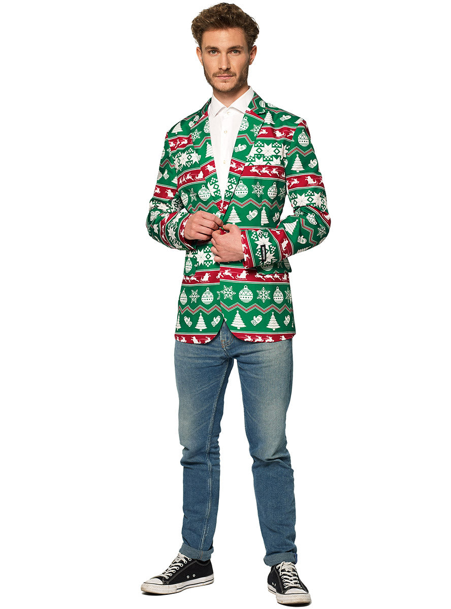 Full Length Image of Nordic Print Mens Green Christmas Costume Jacket