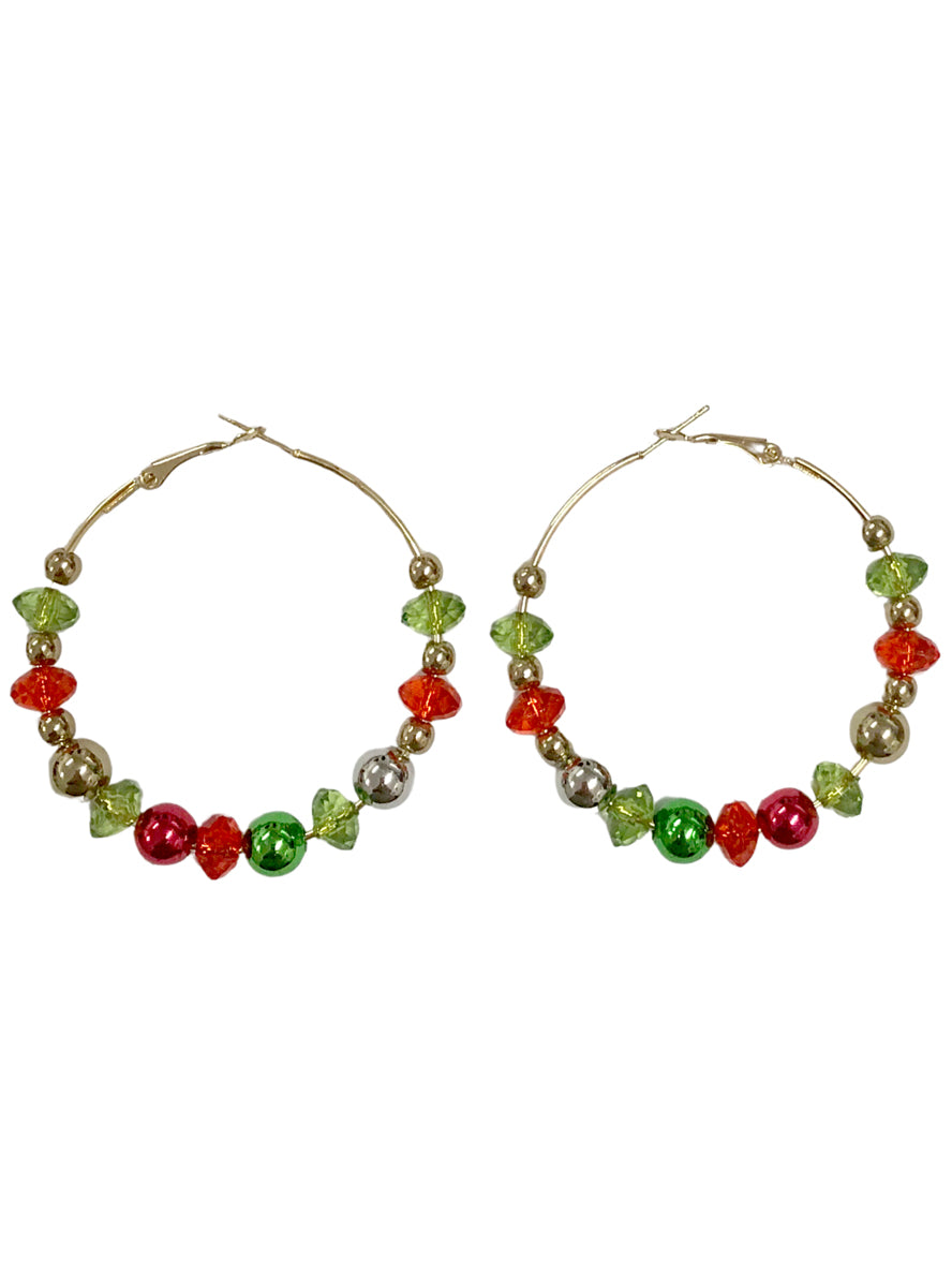 Beaded Red and Green Gold Hoop Christmas Earrings