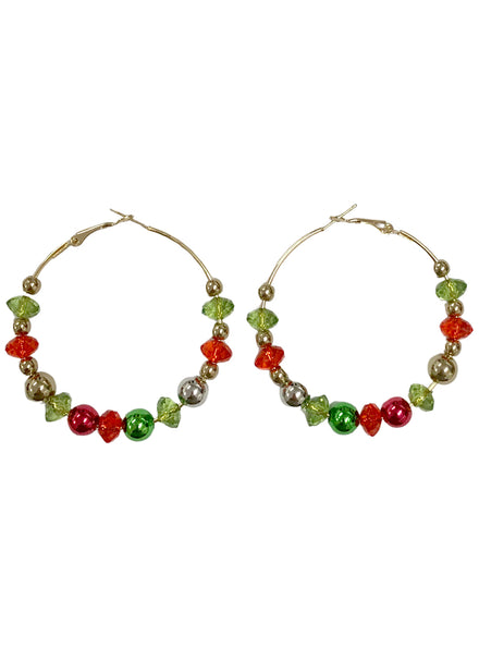 Red and Green and Gold Beaded Christmas Hoop Earrings 