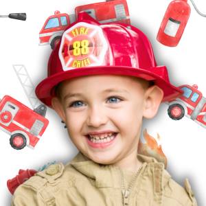 Image of a boy wearing a fire fighter hat