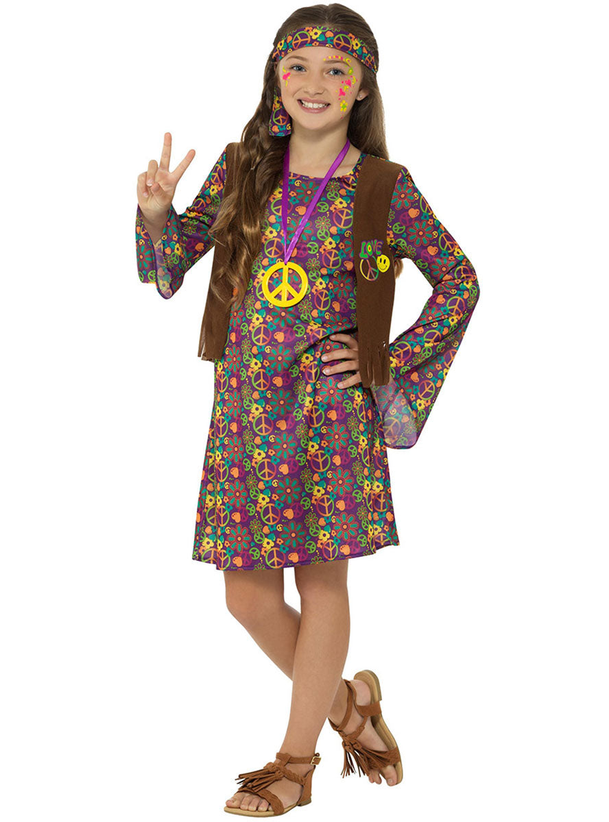 Image of Peace Hippie Girls 70s Costume - Front View