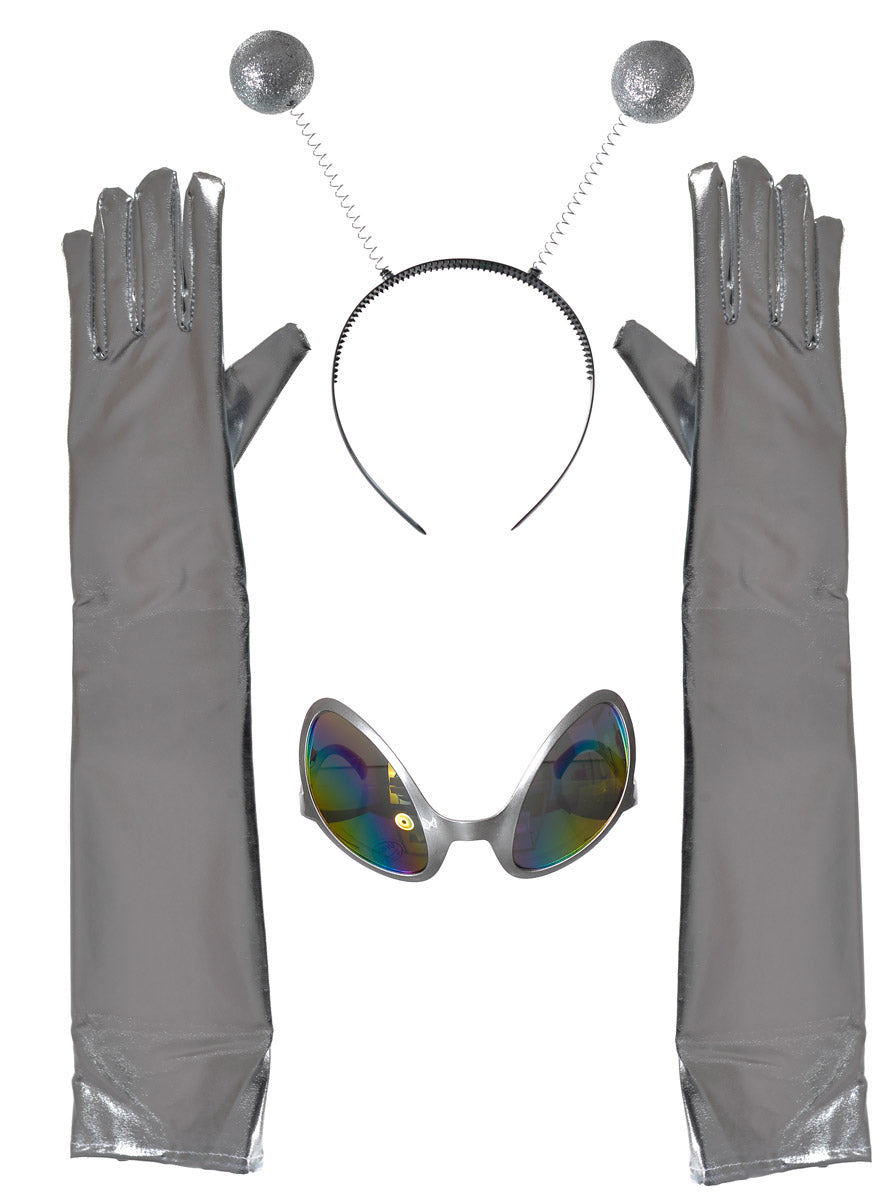 Image of Metallic Silver Alien Gloves Glasses And Headband Costume Accessory Set