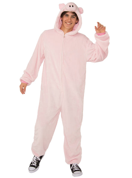 Pink Pig Mens Furry Animal Costume Onesie - Main Image