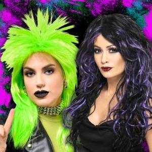 Image of two women wearing punk and gothic wigs