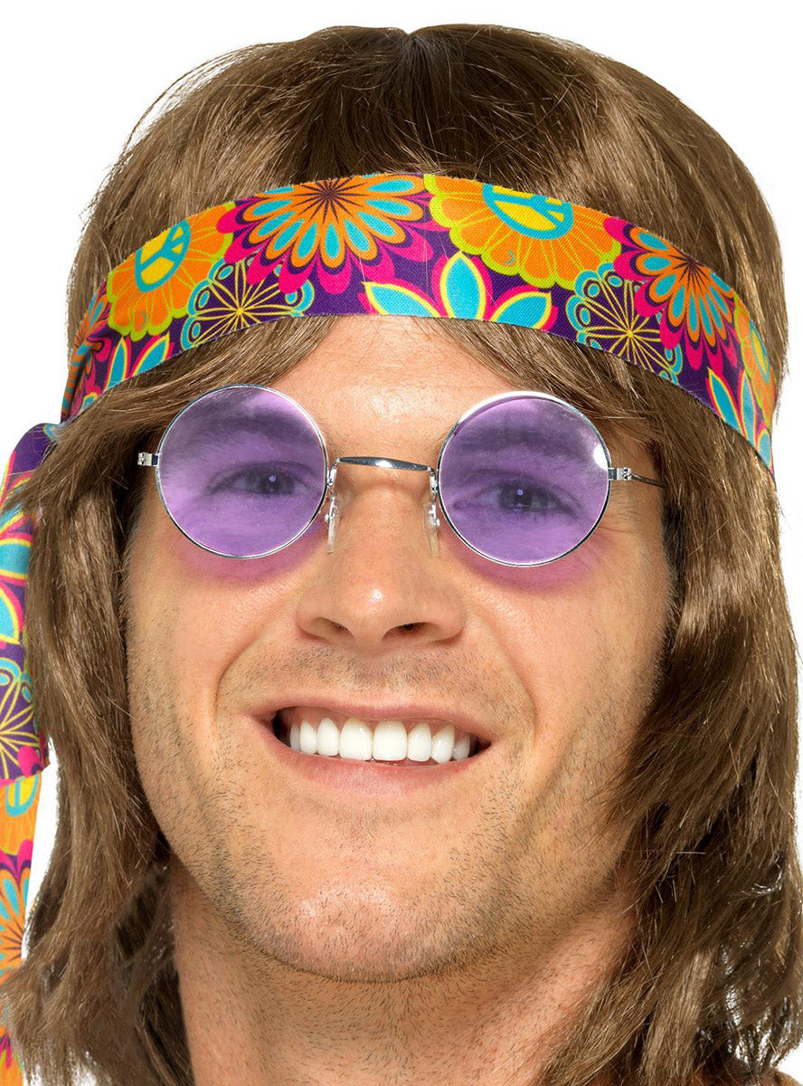 Image of Purple Lens Mens 1970s Hippie Costume Glasses