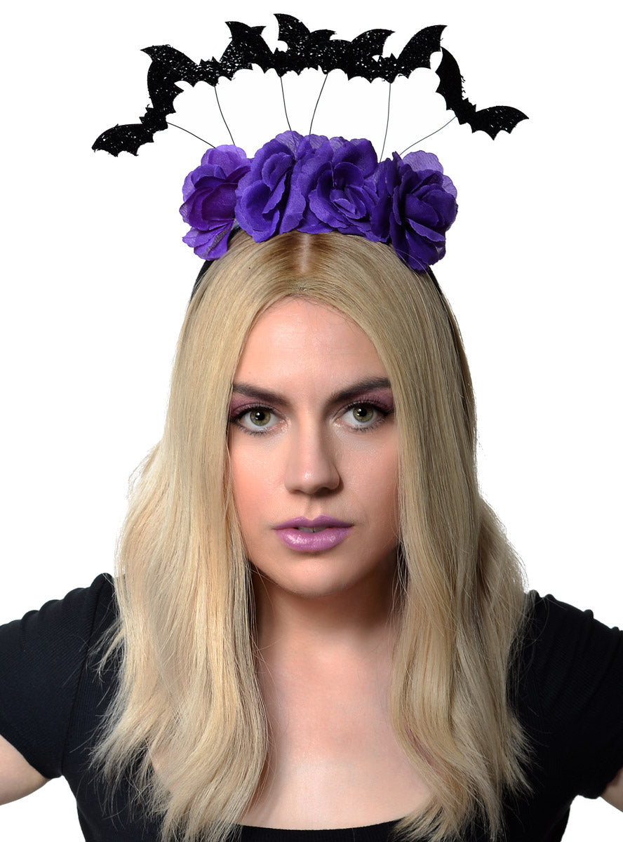 Image of Glitter Bats Womens Purple Halloween Flower Crown