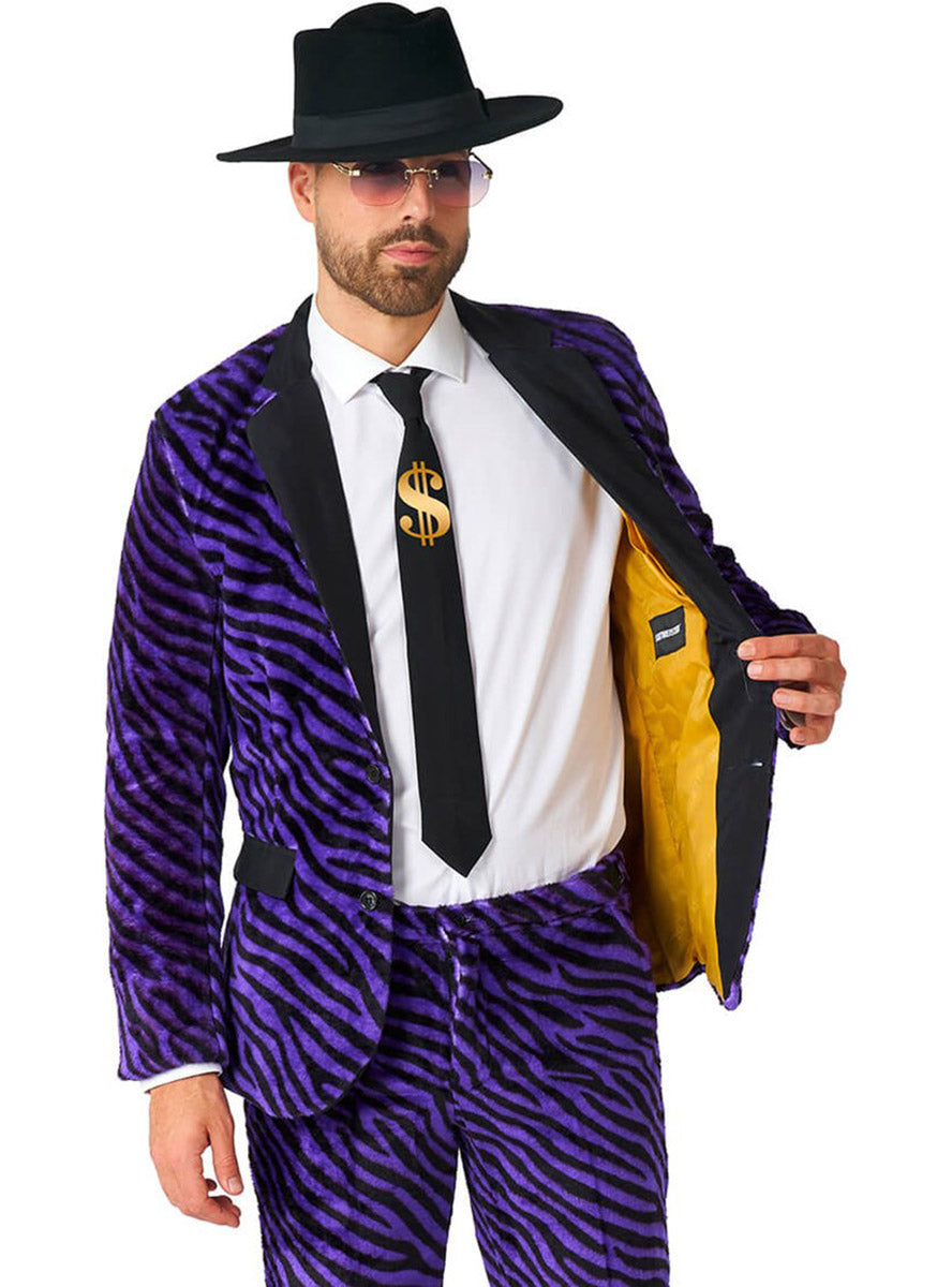 Zebra Print Plus Size Mens Purple Pimp Costume Suit - Close Image 3