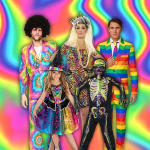 Image of people in rainbow and neon costumes