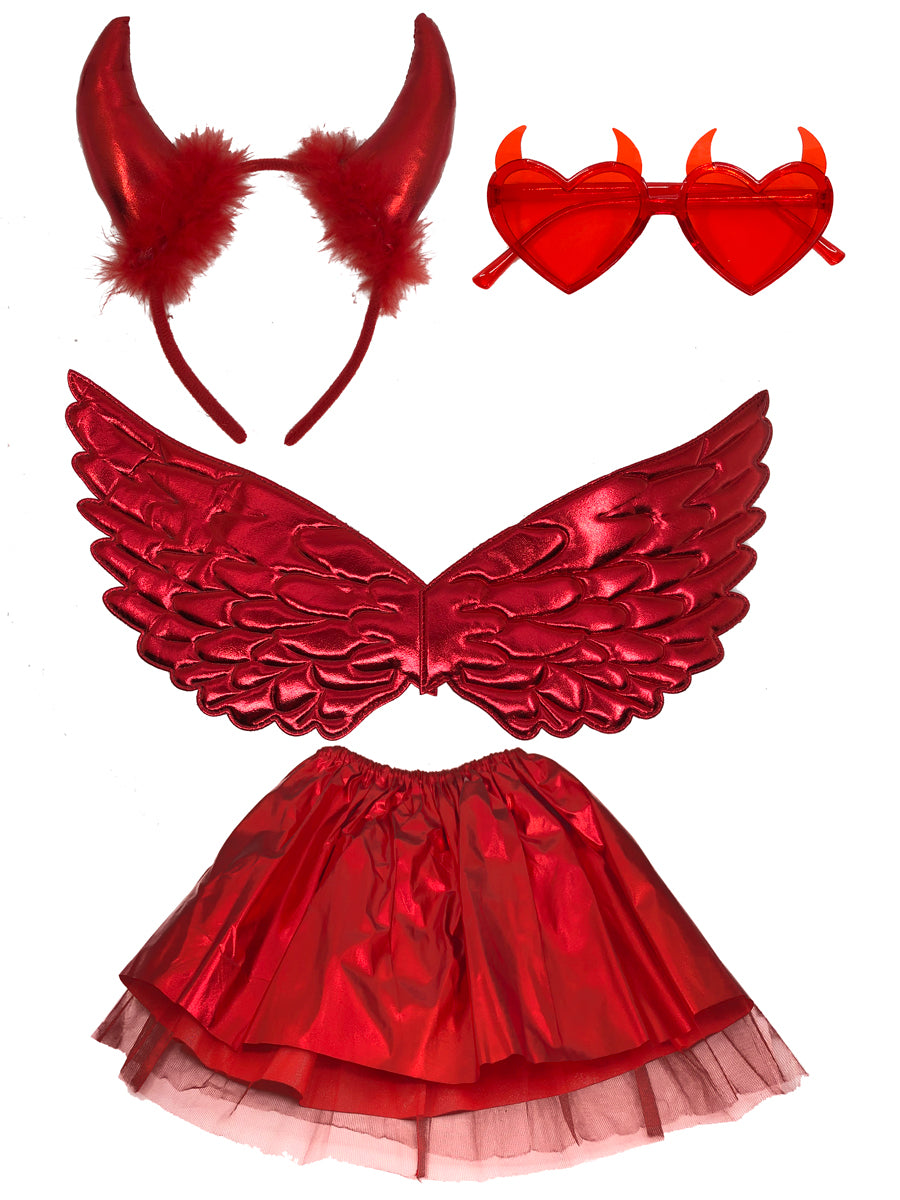 Red Devil Girls Skirt, Wings, Glasses and Headband Halloween Costume Accessory Set - Main Image