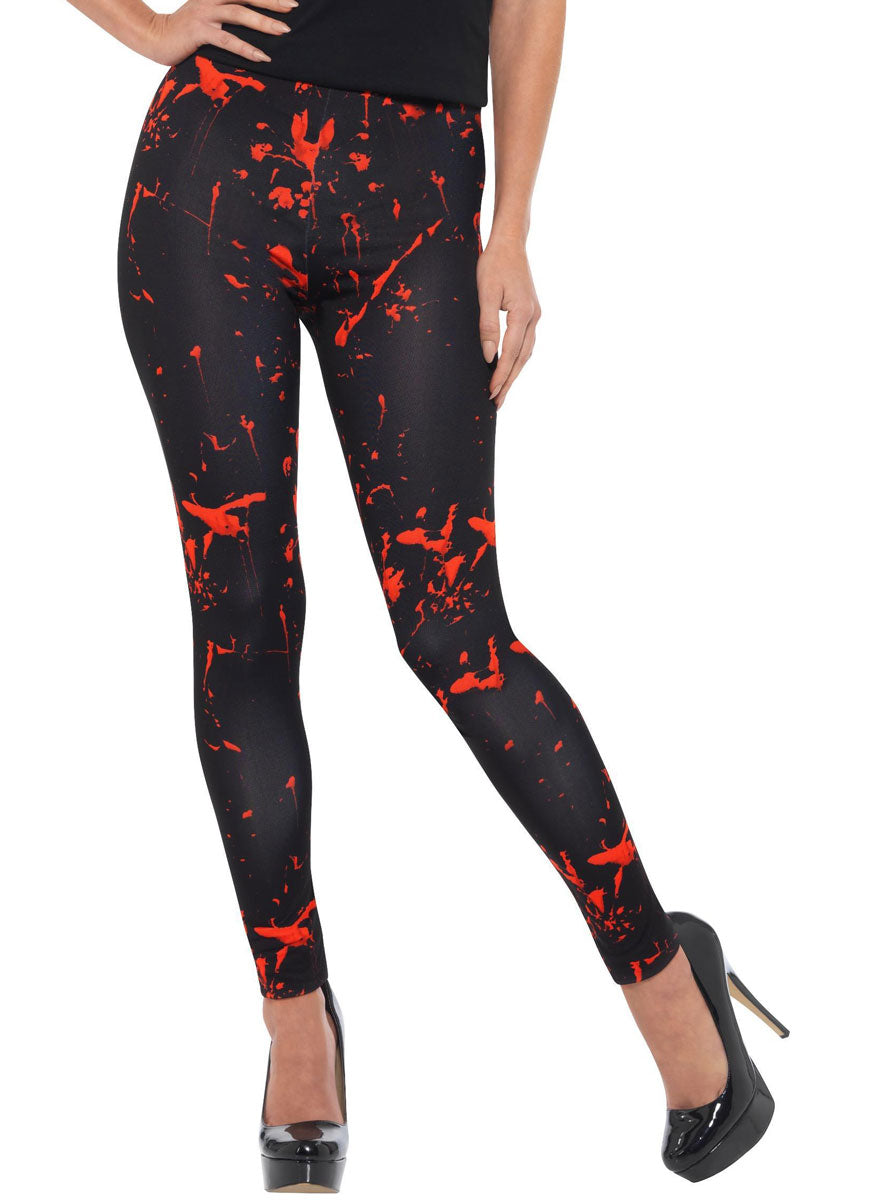 Blood Splattered Womens Halloween Costume Leggings -Close Up Image