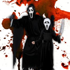 Image of a man and boy in Ghostface costumes