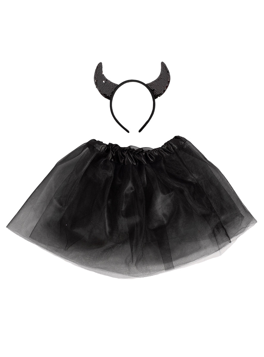 Image of Sequined Black Devil Girls Headband And Tutu Halloween Costume Set