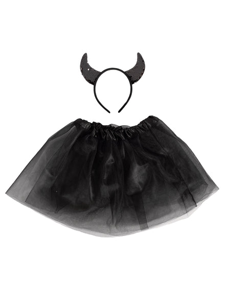 Image of Sequined Black Devil Girls Headband And Tutu Halloween Costume Set