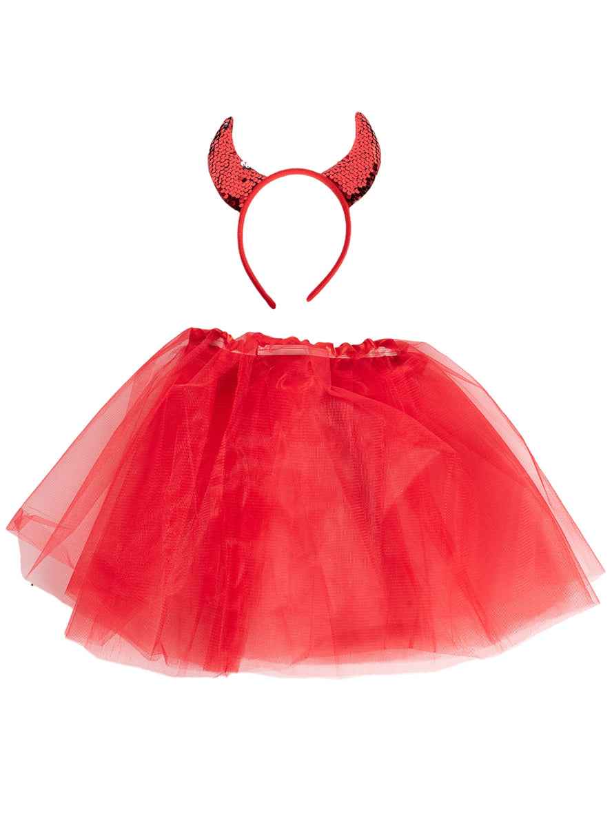 Image of Sequined Red Devil Girls Headband And Tutu Halloween Costume Set